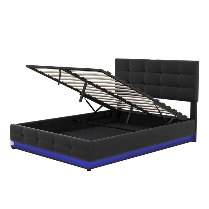 Full Size Tufted Upholstered Platform Bed with HydraulicStorage System,PUStorage Bed with LED Lights and USB charger, Black