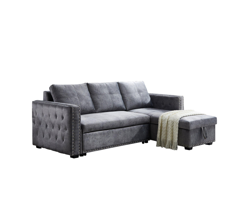 Sectional sofa with pulled out bed,  2 seats sofa and reversible chaise withStorage, both hands with copper nail, GREY, (91" x 64" x 37")