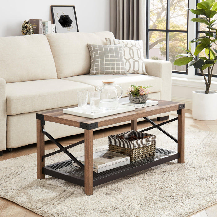 38.82" Farmhouse Coffee Table, 2-Tier Cocktail Table, Center Table with Mesh Shelf, Steel Frame, Corner Protection, Industrial Style, Long Table For Living Room, Brown