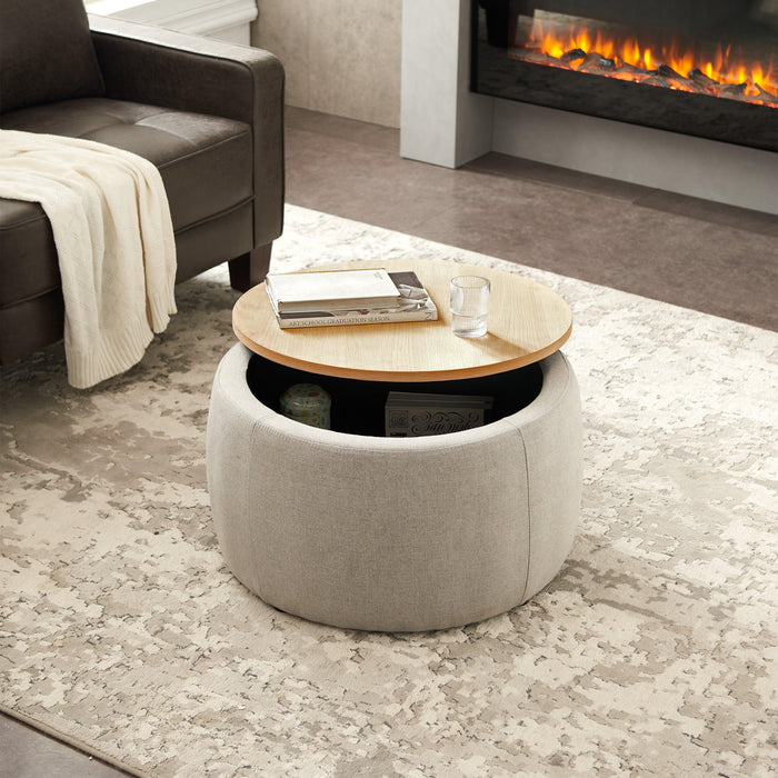 RoundStorage Ottoman, 2 in 1 Function, Work as End table and Ottoman,  Grey (25.5"x25.5"x14.5")