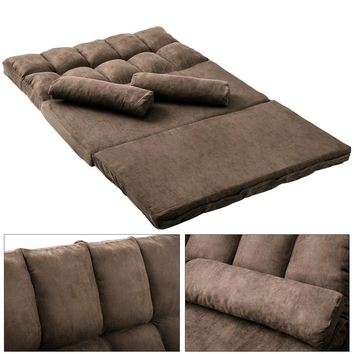 Double Chaise Lounge Sofa Floor Couch and Sofa with Two Pillows (Brown)