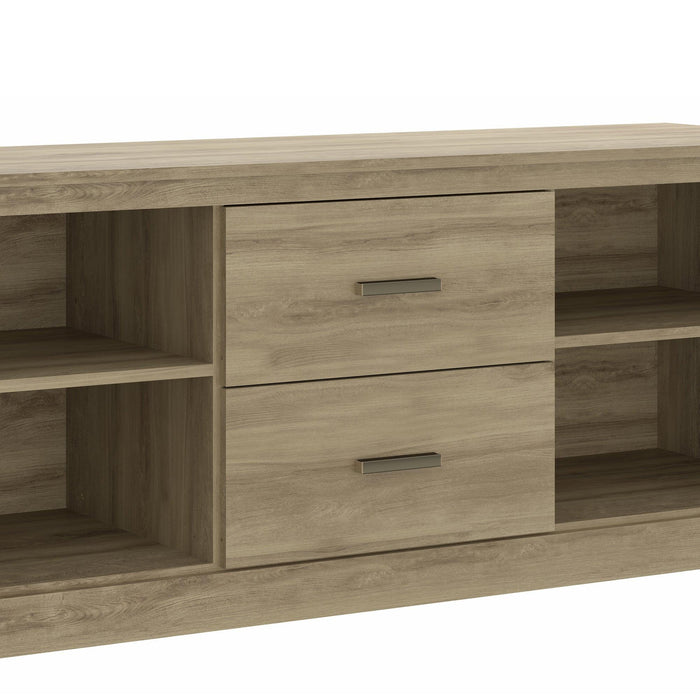 59 Inch Wooden TV Stand with 2 Drawers and 4 Open Compartments, Oak Brown