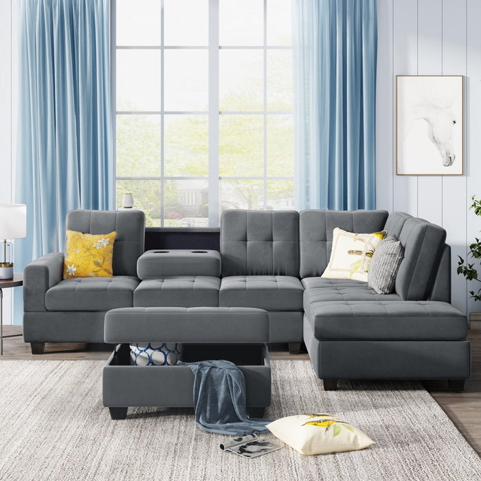 Sectional Sofa with Reversible Chaise Lounge, L-Shaped Couch withStorage Ottoman and Cup Holders