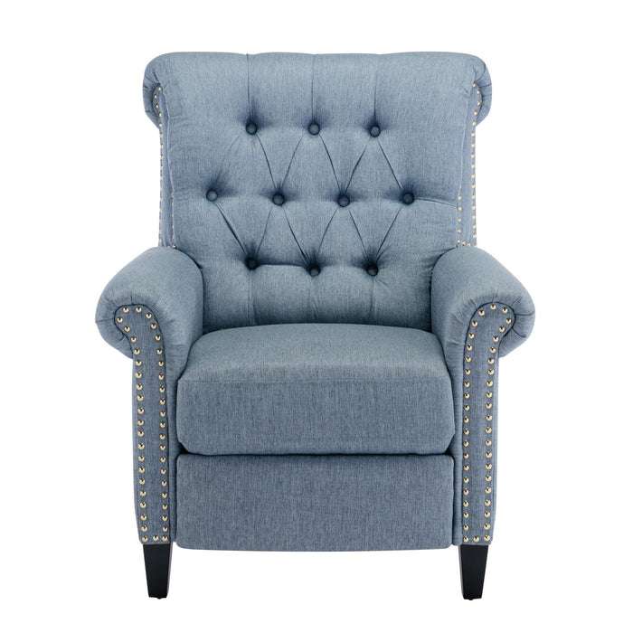 Pushback Linen Tufted Recliner Single Sofa with Nailheads Roll Arm for Living Room, Bedroom, Office, Blue