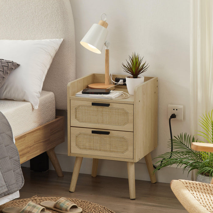 Rattan nightstand with socket side table natural handmade rattan（2PC,Natural ,15.55’’W*13.78’’D*23.82’’H）