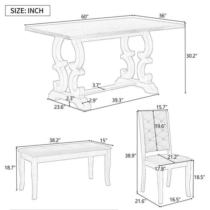 6-Piece Retro Dining Set with Unique-designed Table Legs and Foam-covered Seat Backs&Cushions for Dining Room (Grey Wash)