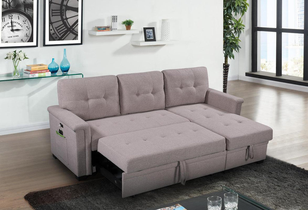 Ashlyn Light Gray Reversible Sleeper Sectional Sofa withStorage Chaise, USB Charging Ports and Pocket