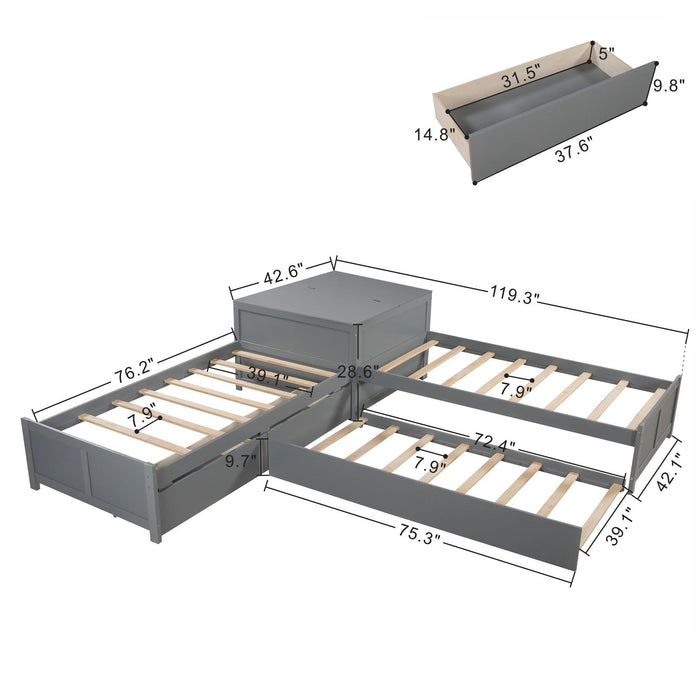 L-shaped Platform Bed with Trundle and Drawers Linked with built-in Flip Square Table,Twin,Gray