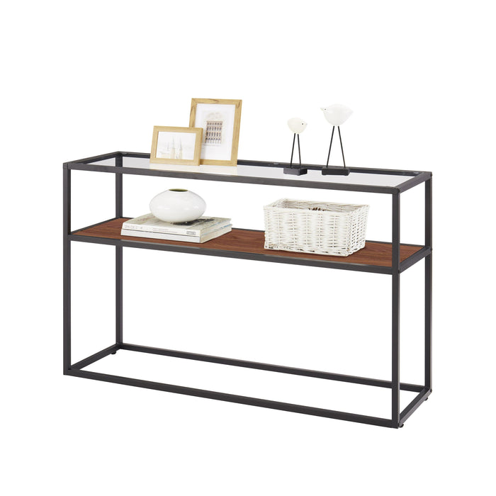 48.03" Glass Console Sofa Table,Modern Open Hallway Table, Narrow Entryway Table,  2 Shelves Couch Side Table with Adjustable Feet,Black Metal Reversable Walnut and Cement ash