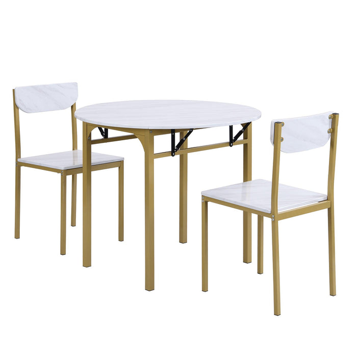 Modern 3-Piece Round Dining Table Set with Drop Leaf and 2 Chairs for Small Places,lden Frame+Faux White Granite Finish