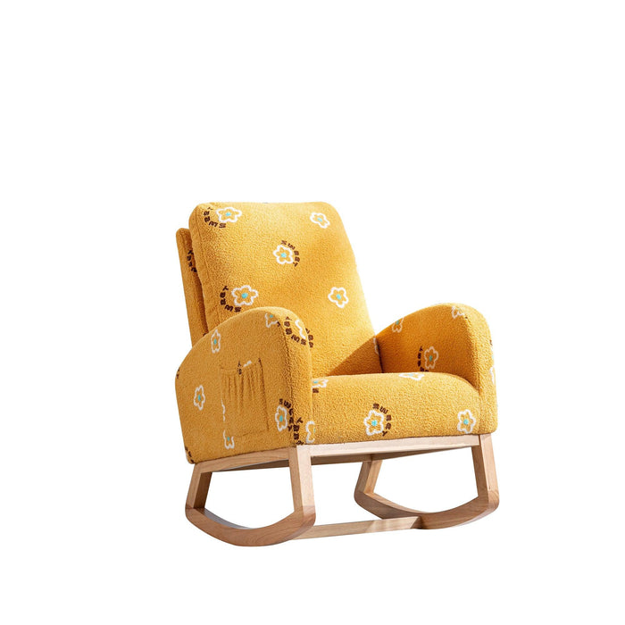 26.8"WModern Rocking Chair for Nursery, Mid Century Accent Rocker Armchair With Side Pocket, Upholstered High Back Wooden Rocking Chair for Living Room Baby Kids Room Bedroom, Mustard Boucle