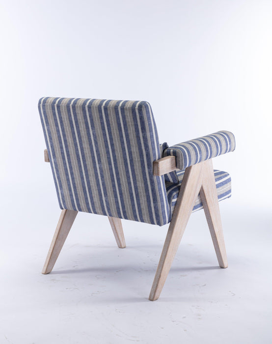 Accent chair, KD rubber wood legs with black finish. Fabric cover the seat. With a cushion.Blue Stripe