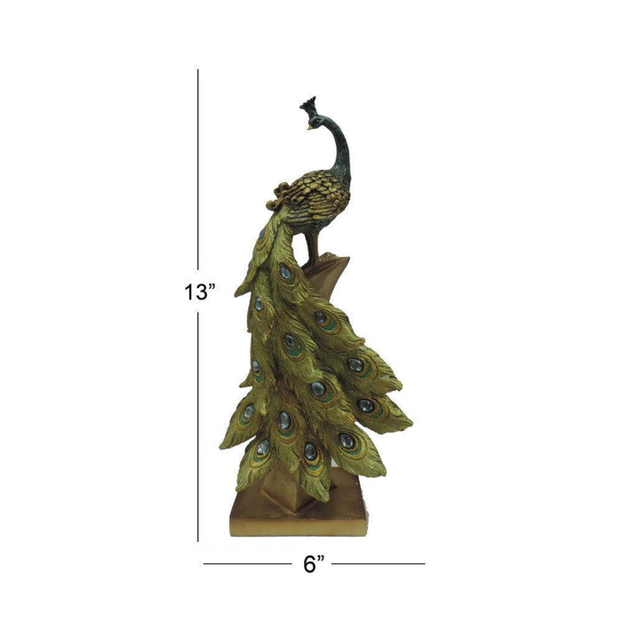 Polystone Decorative Peacock Figurine with Block Stand, Green and Gold