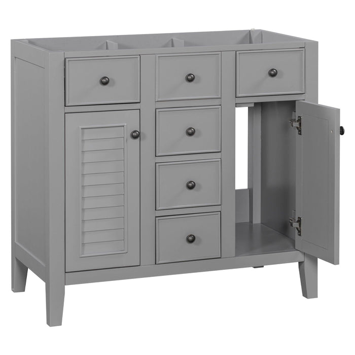 36" Bathroom Vanity without Sink, Cabinet Base Only, Two Cabinets and Five Drawers, Solid Wood Frame, Grey