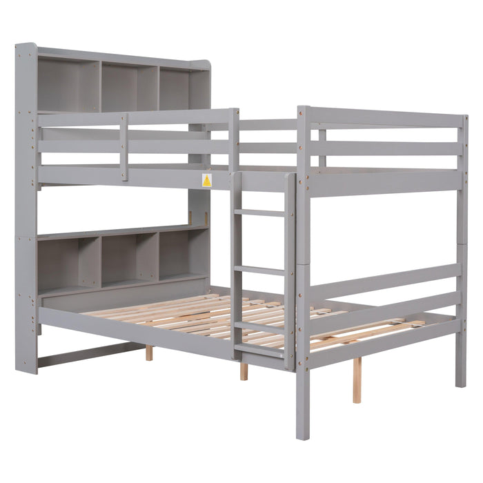 Full Over Full Bunk Beds with Bookcase Headboard, Solid Wood Bed Frame with Safety Rail and Ladder, Kids/Teens Bedroom, Guest Room Furniture, Can Be converted into 2 Beds, Grey