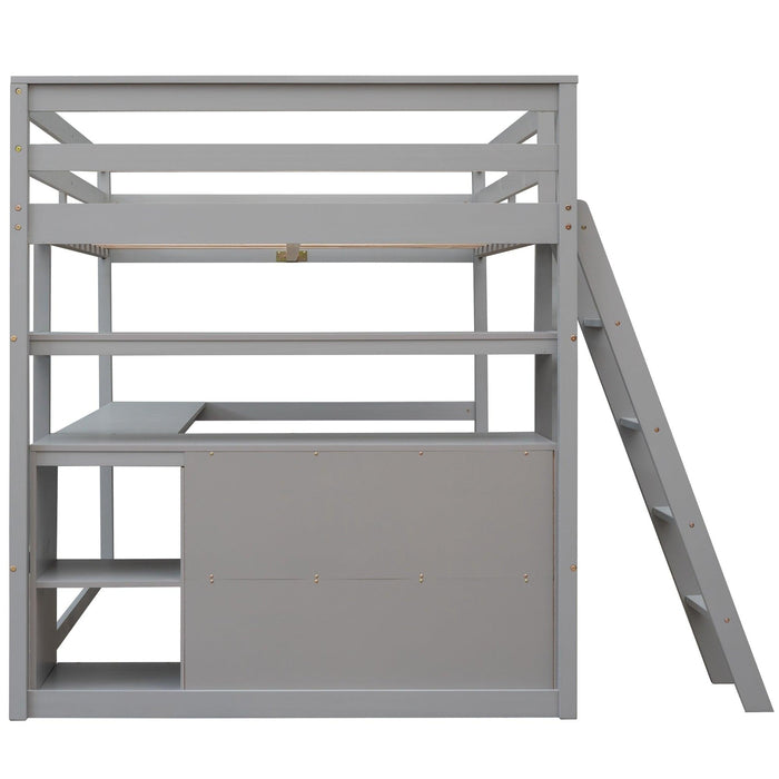 Full Size Loft Bed with Desk and Shelves,Two Built-in Drawers,Gray