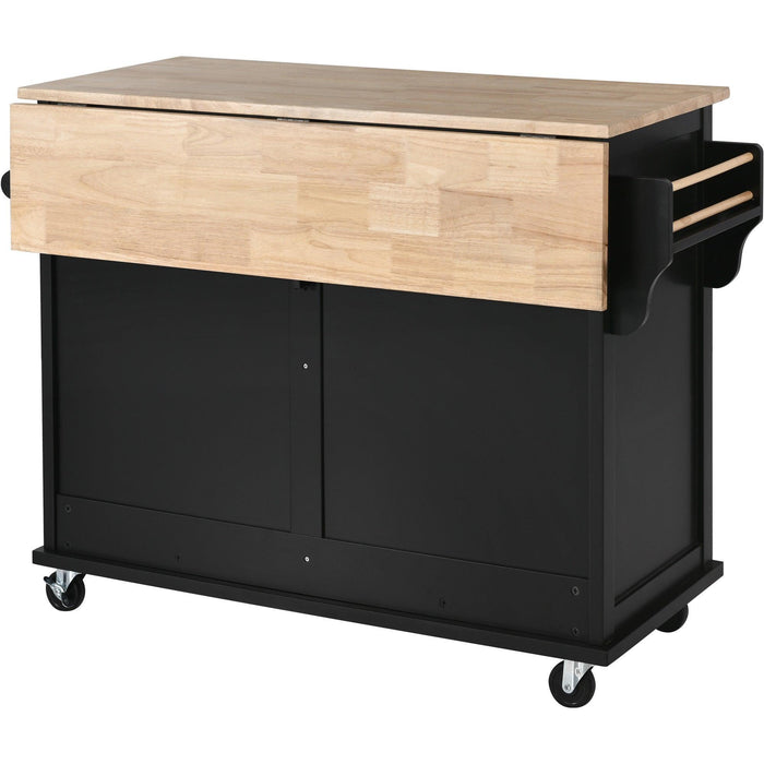 Kitchen Cart with Rubber wood Drop-Leaf Countertop, Concealed sliding barn door adjustable height,Kitchen Island on 4 Wheels withStorage Cabinet and 2 Drawers,L52.2xW30.5xH36.6 inch, Black