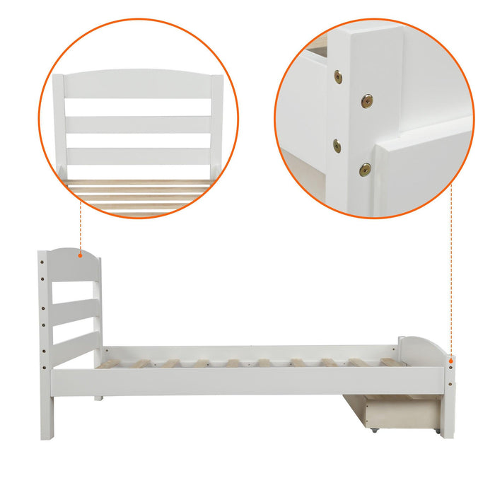 Platform Twin Bed Frame withStorage Drawer and Wood Slat Support No Box Spring Needed, White