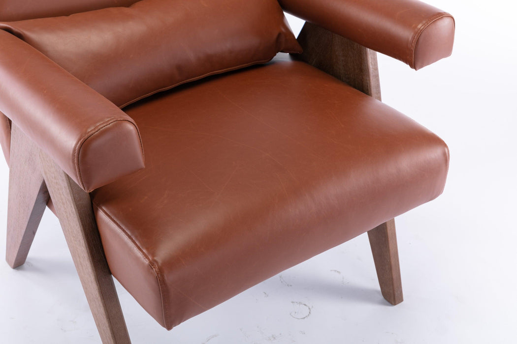 Accent chair, KD rubber wood legs with Walnut finish. PU leather cover the seat. With a cushion.Brown