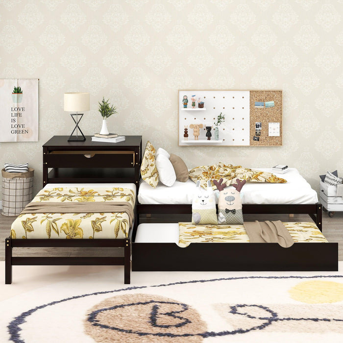 L-Shaped Full Size and Twin Size Platform Beds with Twin Size Trundle and Drawer Linked with Built-in Rectangle Table,Espresso