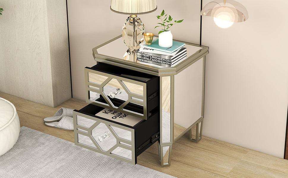 Elegant Mirrored 2-Drawer Side Table with lden Lines for Living Room, Hallway, Entryway