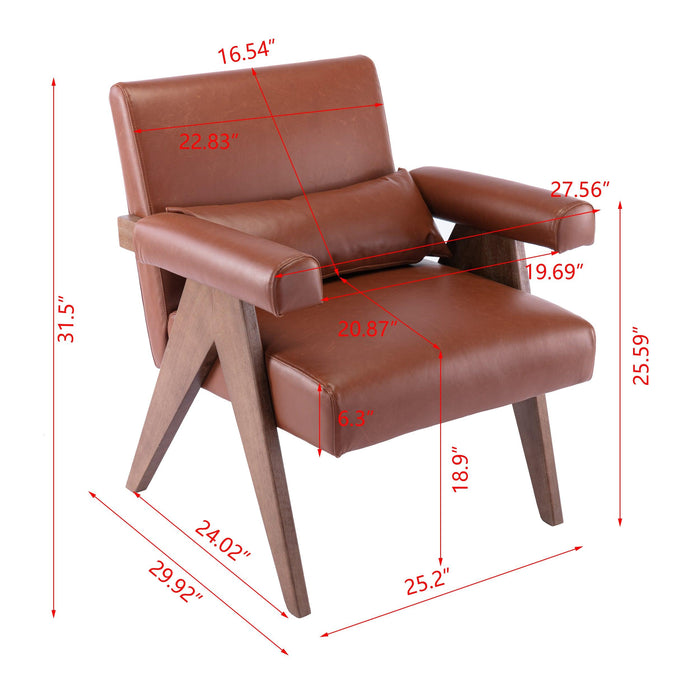 Accent chair, KD rubber wood legs with Walnut finish. PU leather cover the seat. With a cushion.Brown