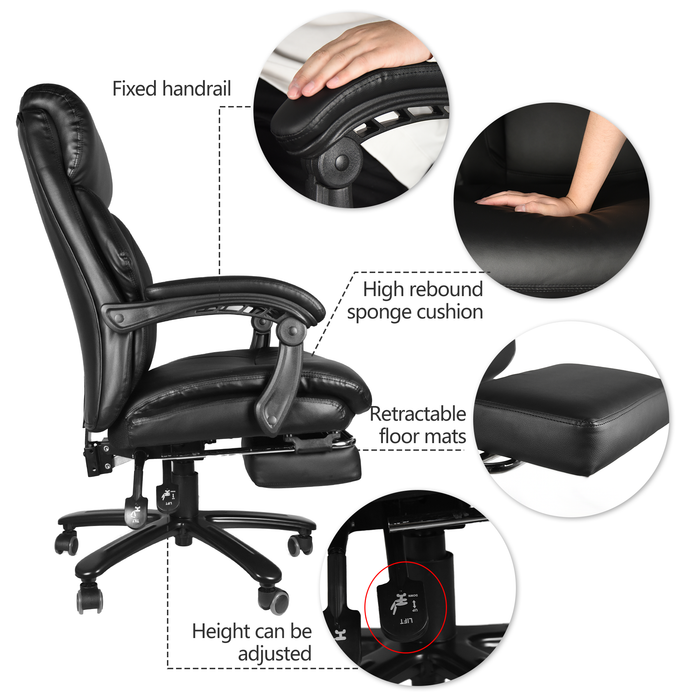 High Back Office  Chair with High Quality PU Leather, Soft Cushion and Footrest, Tilt Function Max 130°,400lbs,Black