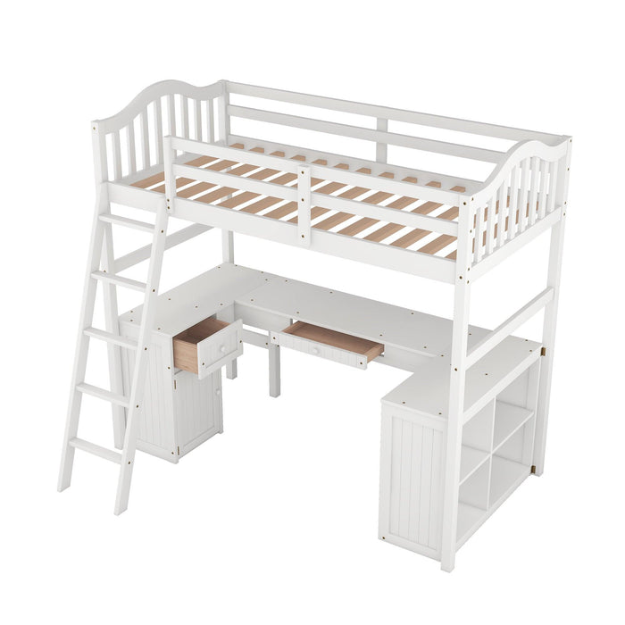 Twin size Loft Bed with Drawers, Cabinet, Shelves and Desk, Wooden Loft Bed with Desk - White