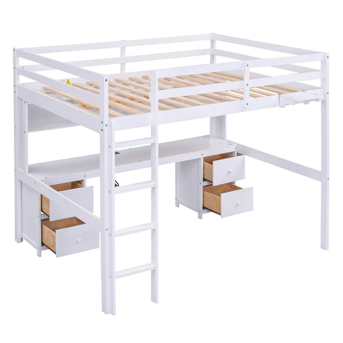 Full Size Loft Bed with Desk, Cabinets, Drawers and Bedside Tray, Charging Station, White