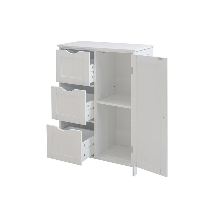 White Bathroom FloorStorage Cabinet, Wooden FreestandingStorage Cabinet, SideStorage Organizer with 1 Cupboard and 3 Drawers