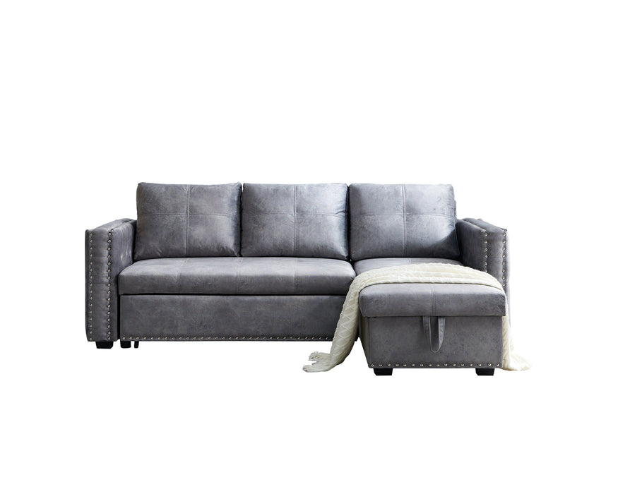 Sectional sofa with pulled out bed,  2 seats sofa and reversible chaise withStorage, both hands with copper nail, GREY, (91" x 64" x 37")