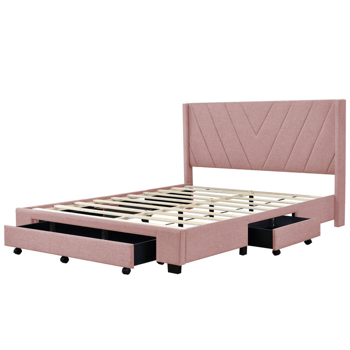 Queen SizeStorage Bed Linen Upholstered Platform Bed with 3 Drawers (Pink)