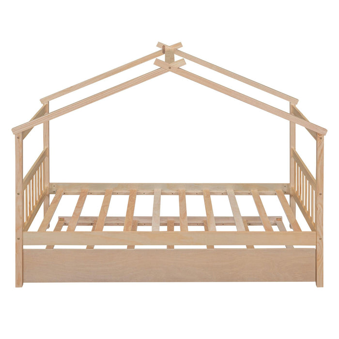 Twin Size Wooden House Bed with Twin Size Trundle, Natural