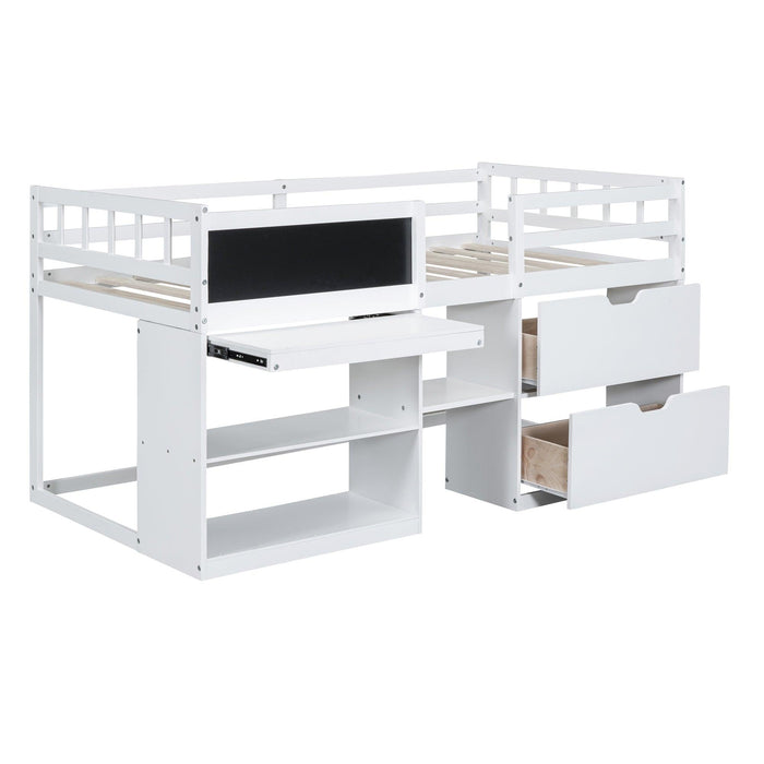 Twin Size Low Loft Bed with Rolling Desk, Shelf and Drawers - White