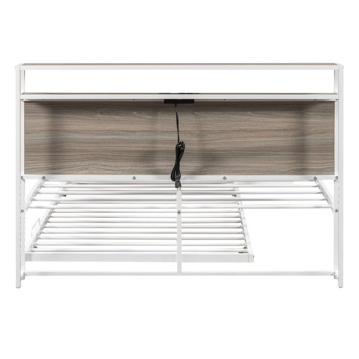 Full Size Metal Platform Bed Frame with Trundle, USB Ports and Slat Support ,No Box Spring Needed White