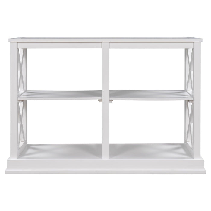 Console Table with 3-Tier OpenStorage Spaces and "X" Legs, Narrow Sofa Entry Table for Living Room (White)