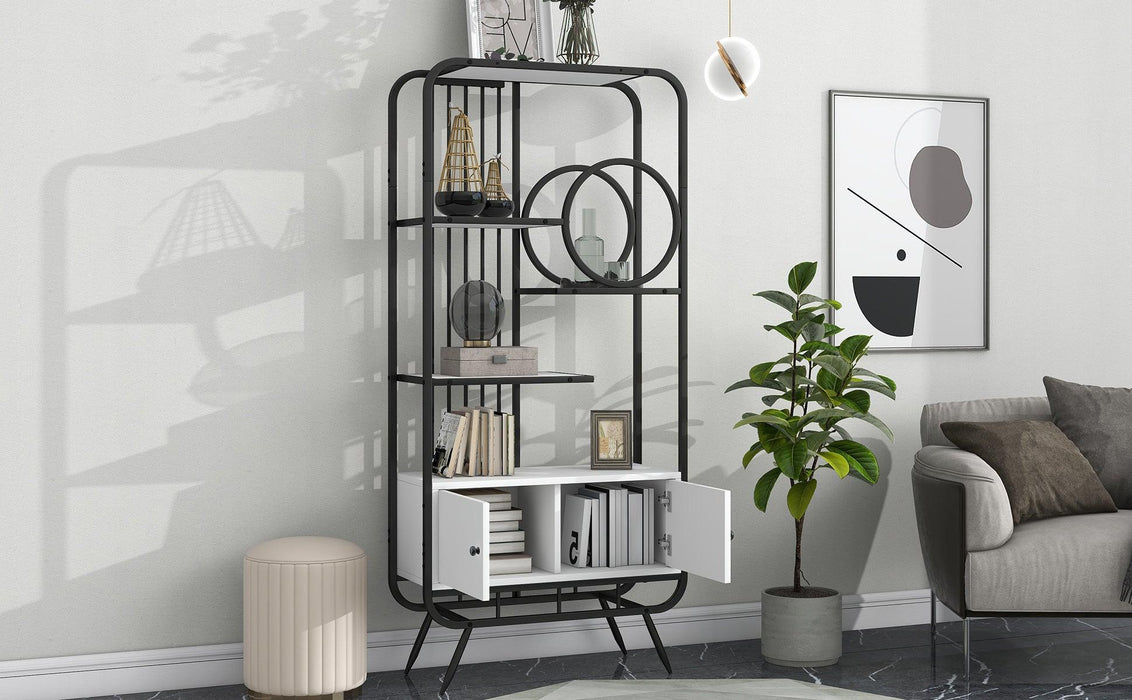 Home Office Bookcase with Cabinet Open BookshelfStorage Large Bookshelf Furniture with Black Metal Frame, White