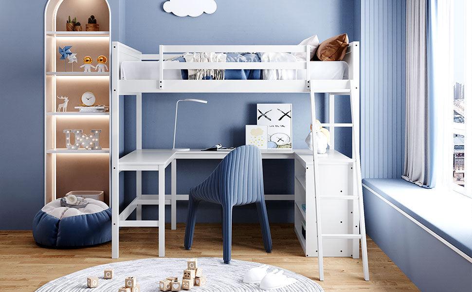 Full size Loft Bed with Shelves and Desk, Wooden Loft Bed with Desk - White