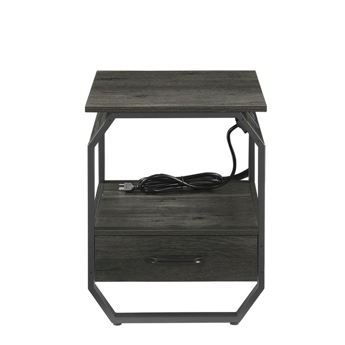 End table Side table with Charging Station,sofa side table with drawers, bedside table for bedroom.(Dark grey,17.3’’W*17.9’’D*21.2’’H)