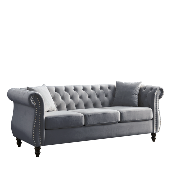 80" Chesterfield Sofa Grey Velvet for Living Room, 3 Seater Sofa Tufted Couch with Rolled Arms and Nailhead for Living Room, Bedroom, Office, Apartment, two pillows