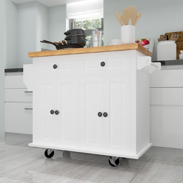 Kitchen Island Cart with TwoStorage Cabinets and Two Locking Wheels，43.31 Inch Width，4 Door Cabinet and Two Drawers，Spice Rack, Towel Rack （White）