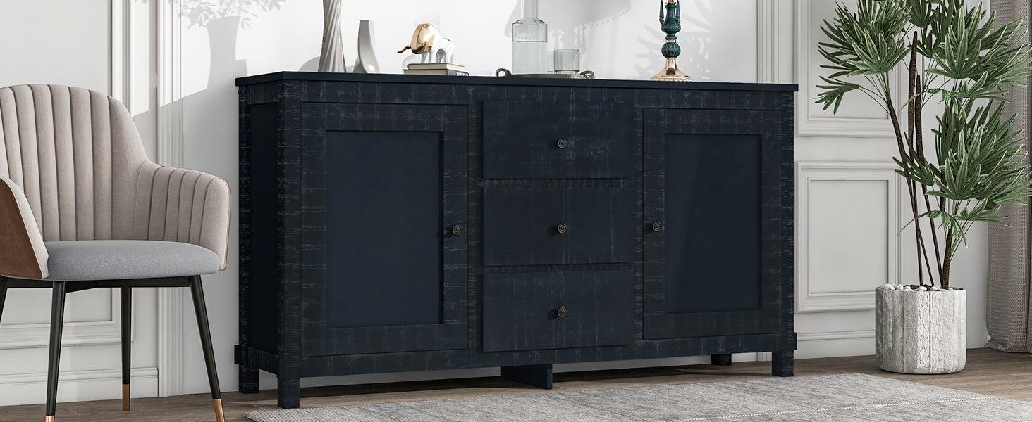 Retro Solid Wood Buffet Cabinet with 2Storage Cabinets, Adjustable Shelves and 3 Drawers for Living Room (Antique Black)