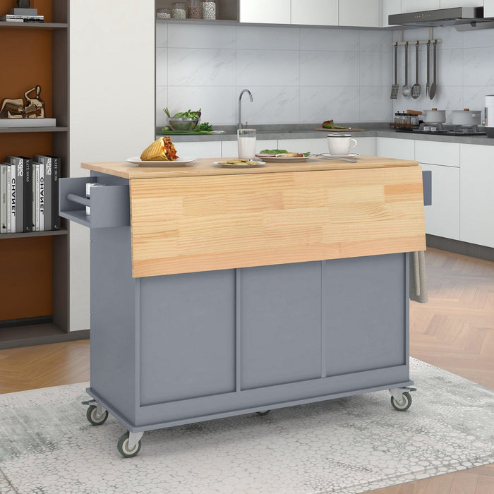 Rolling Mobile Kitchen Island with Solid Wood Top and Locking Wheels，52.7 Inch Width，Storage Cabinet and Drop Leaf Breakfast Bar，Spice Rack, Towel Rack & Drawer （Grey Blue）