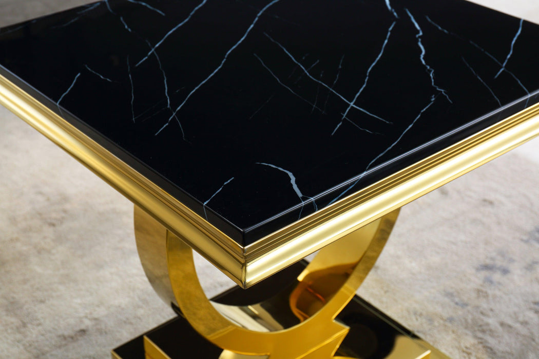 Modern Square Black Marble End Table, 0.71" Thick Marble Top, U-Shape Stainless Steel Base with Gold Mirrored Finish