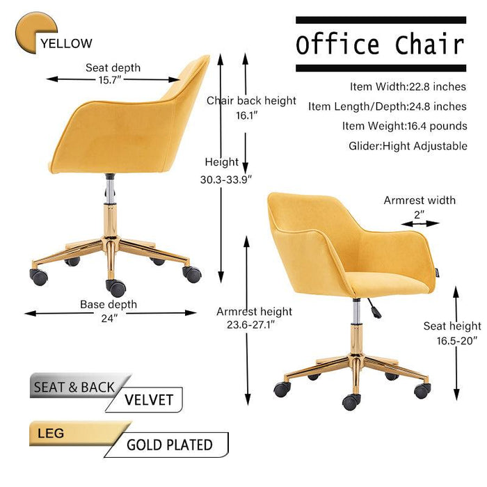 Modern Velvet Fabric Material Adjustable Height 360 Revolving Home Office Chair With Gold Metal Legs And Universal Wheels For Indoor,Yellow