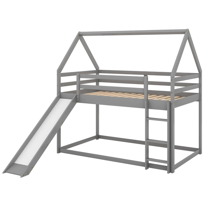 Twin Size Bunk House Bed with Slide and Ladder,Gray