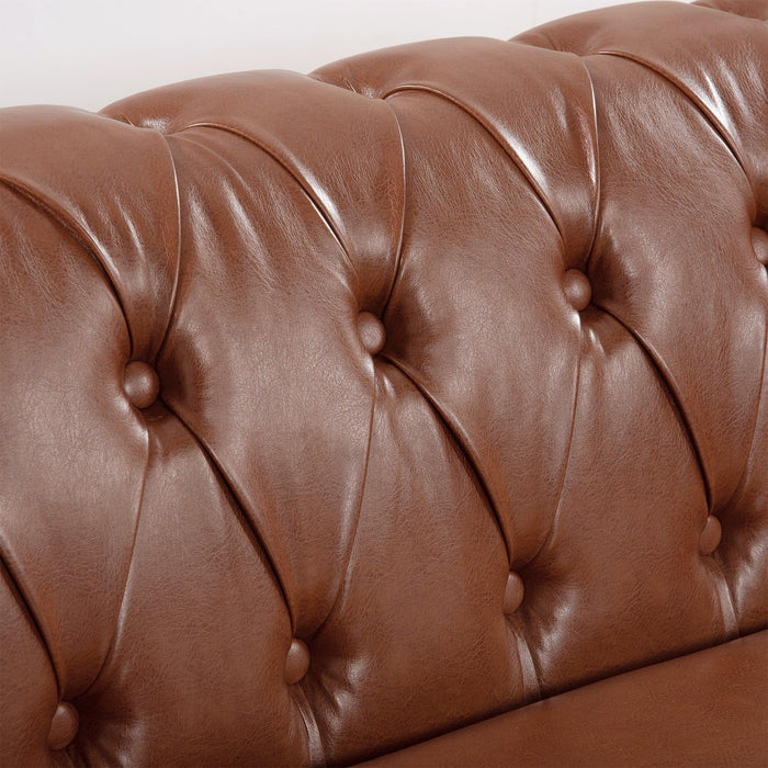 84.65"BROWN PU Rolled Arm Chesterfield Three Seater Sofa.