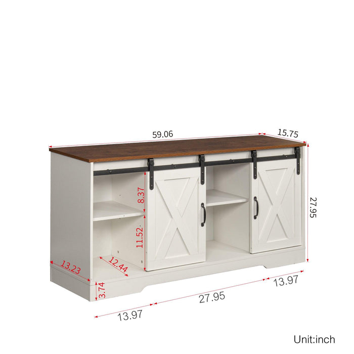 TV Stand Sliding Barn DoorModern&Farmhouse Wood Entertainment Center,Storage Cabinet Table Living Room with Adjustable Shelves for TVs Up to 65", Distressed White&Rustic