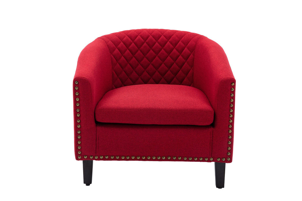 accent Barrel chair living room chair with nailheads and solid wood legs  Red  Linen