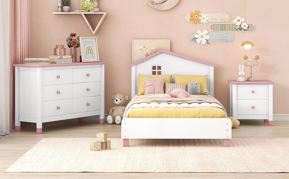 3-Pieces Bedroom Sets Twin Size Platform Bed with Nightstand andStorage dresser,White+Pink